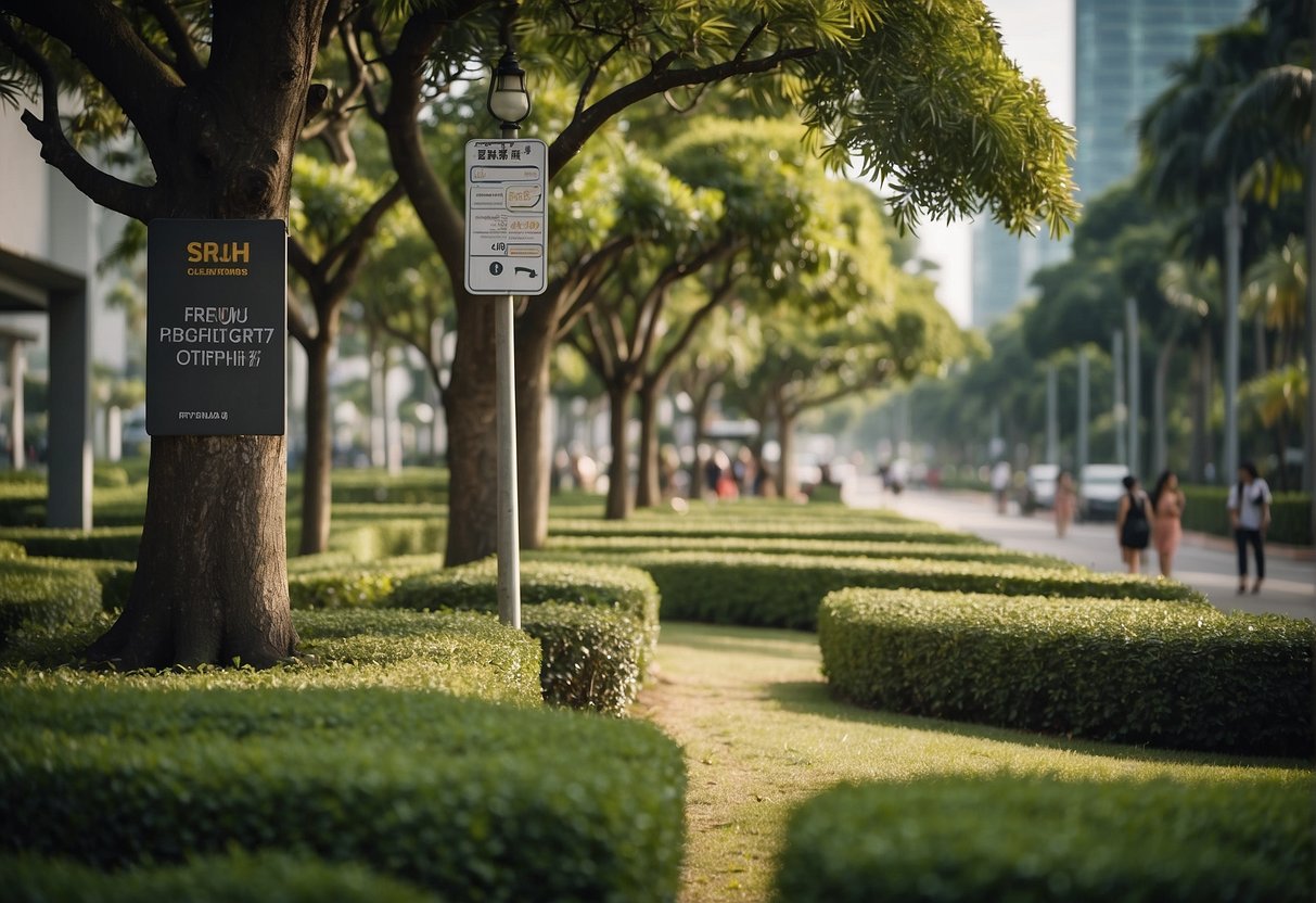 A bustling orchard in Singapore with signs promoting frequently asked questions