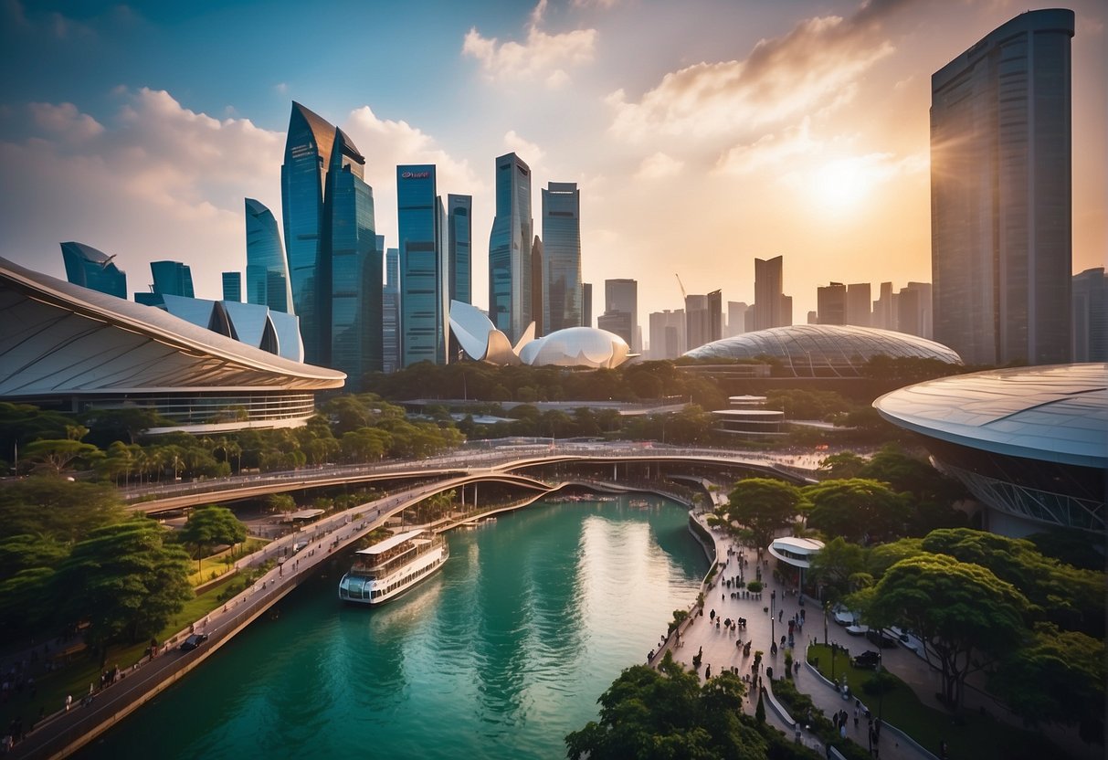 Vibrant cityscape with iconic Singapore landmarks, bustling streets, and colorful promotional displays