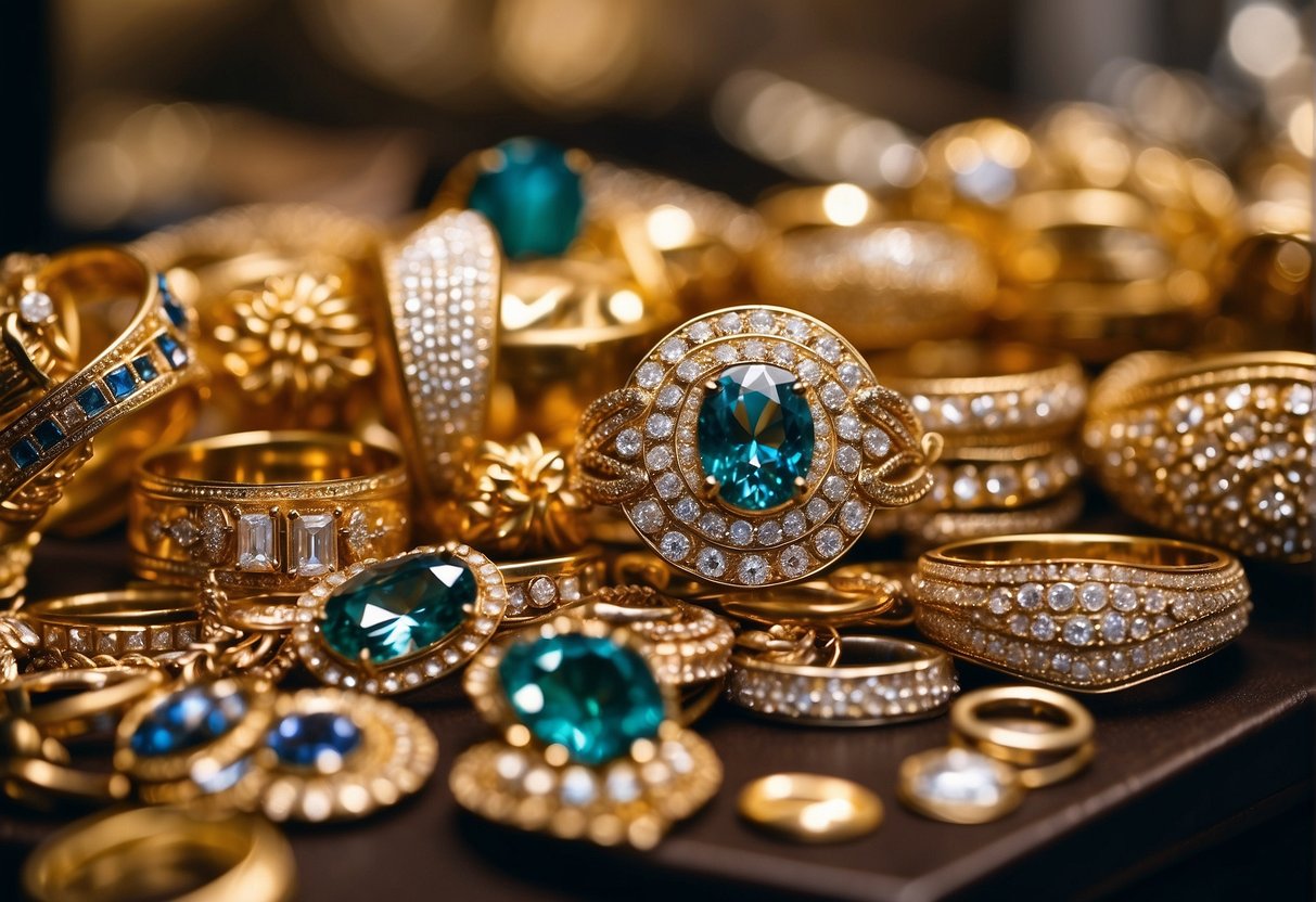 A display of glittering gold and sparkling gemstones with promotional signs in a vibrant Singaporean jewelry store