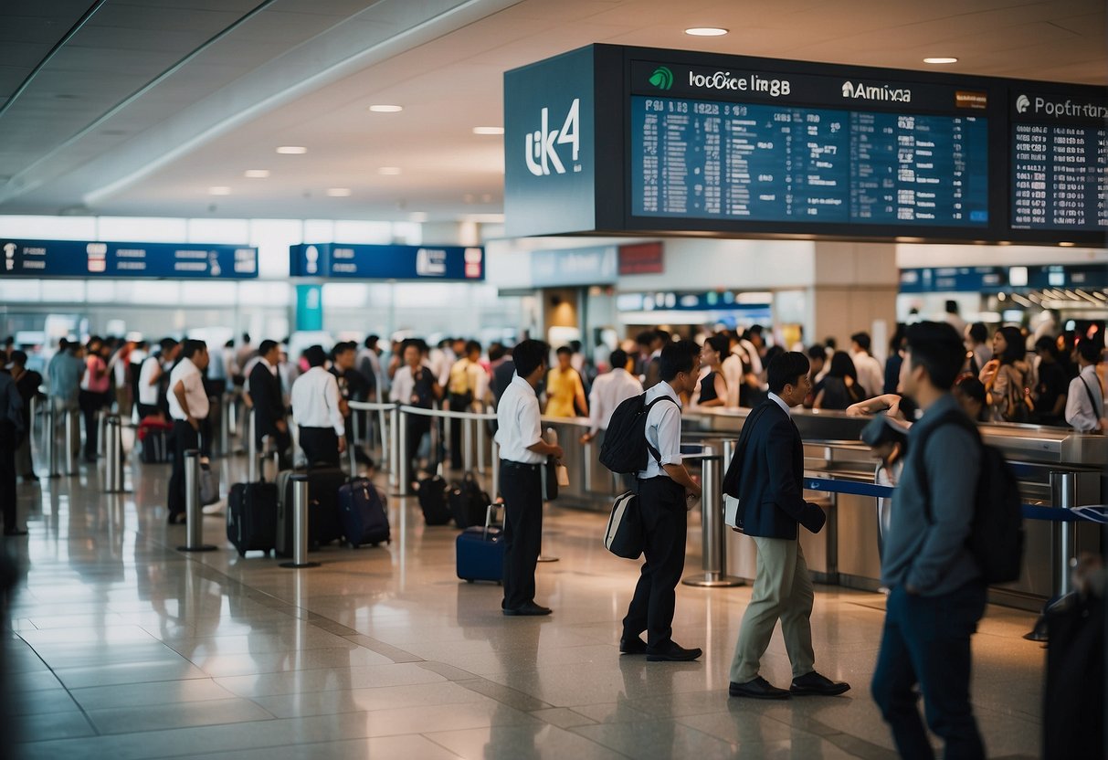 A crowded airport terminal with a prominent "Malaysia Airlines Promotions" sign, people lining up at a ticket counter, and a busy information desk