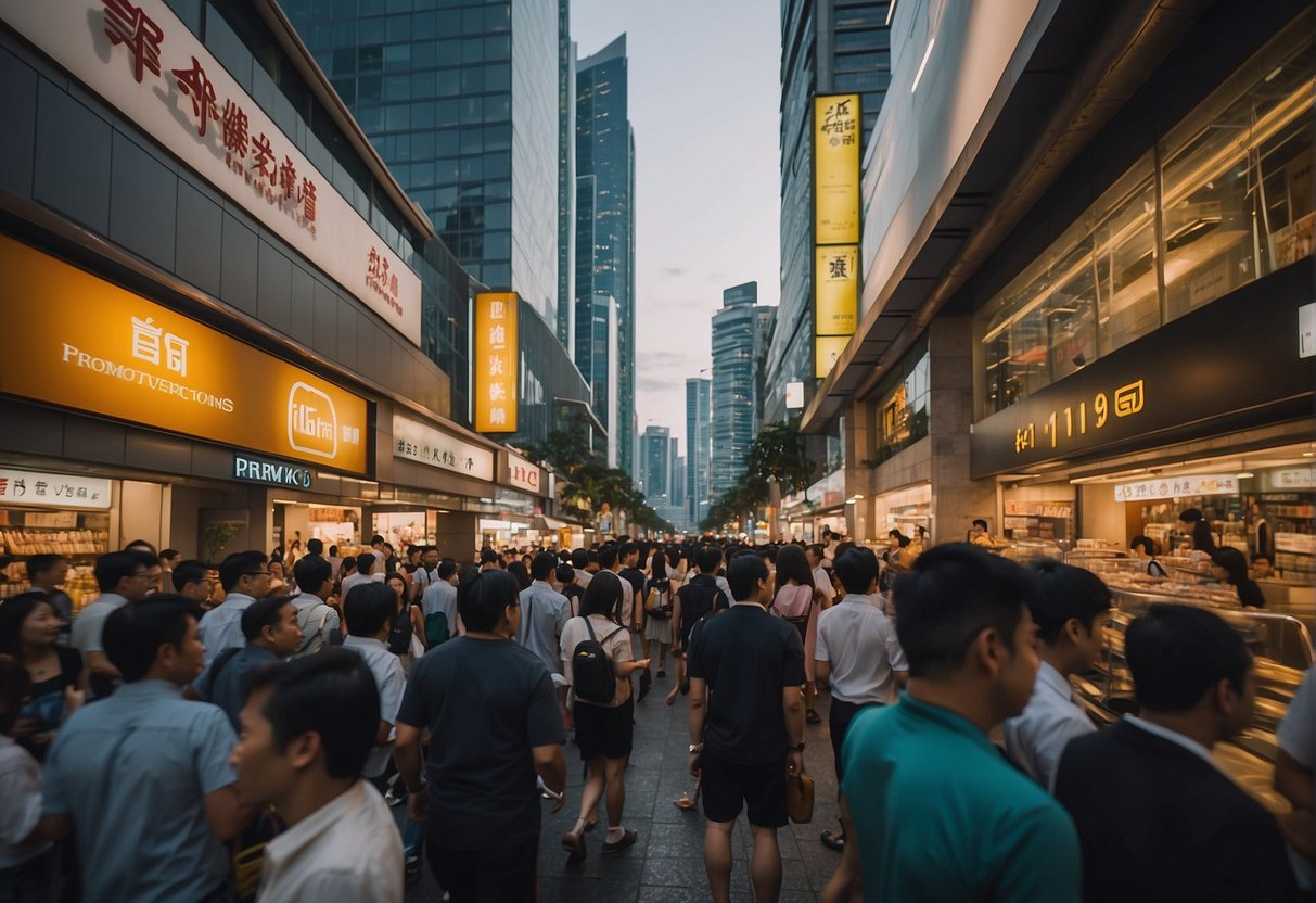 A crowded street with a prominent sign for "11 11 promotions singapore" surrounded by bustling shops and people