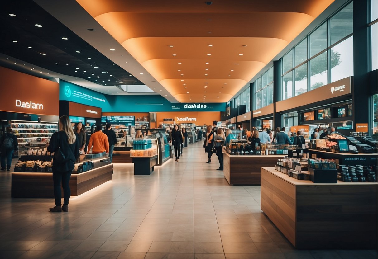 Customers effortlessly browse and purchase items using Dashlane promotions in a modern, vibrant shopping environment