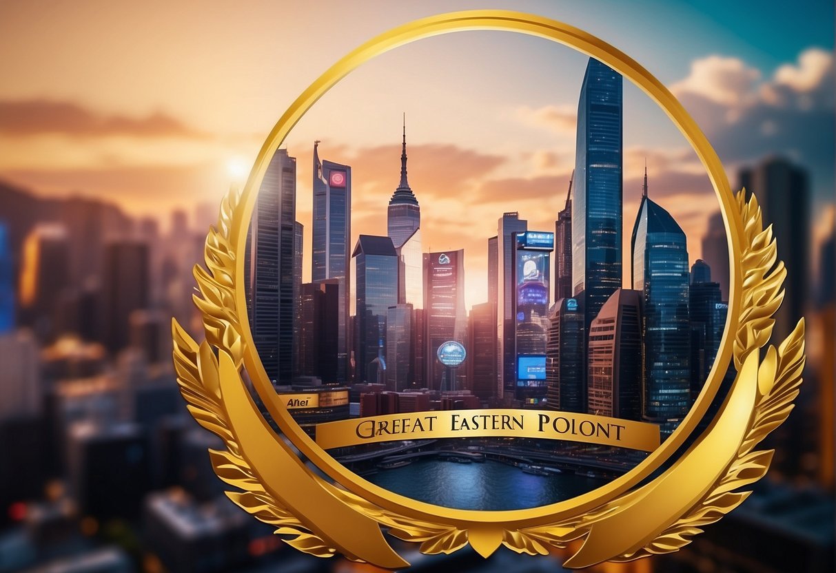 A vibrant city skyline with the Great Eastern logo displayed prominently, surrounded by eye-catching insurance promotion banners