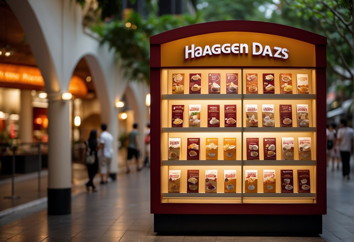 A vibrant display of Haagen Dazs promotions in Singapore, featuring colorful signage and enticing offers