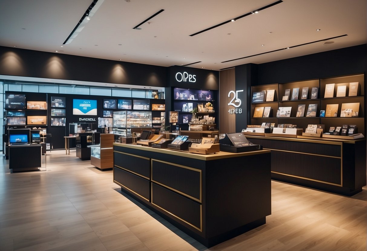 A luxurious display of 2024 promotions at DFS Singapore, featuring elegant product showcases and eye-catching signage