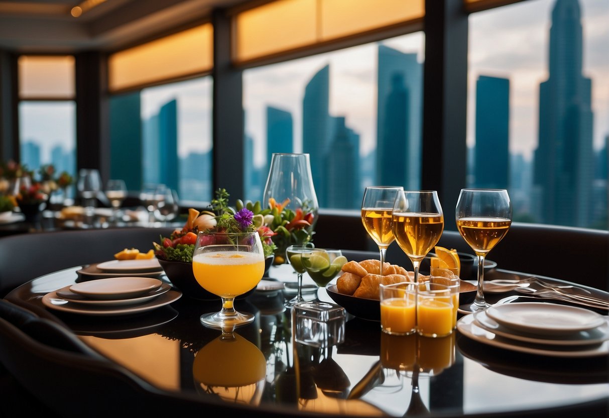 A table set with colorful dishes and drinks at a luxurious hotel restaurant in Singapore. The ambiance is elegant and inviting, with a view of the city skyline