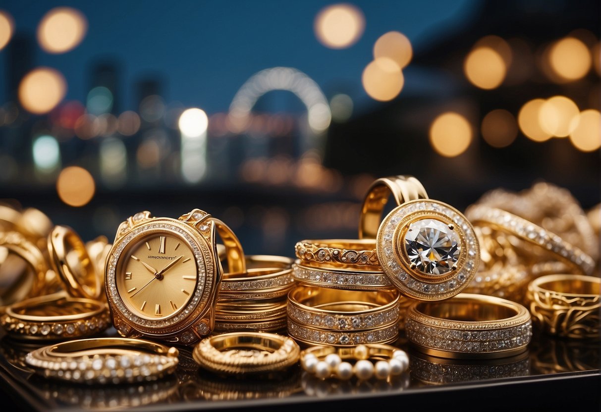 A luxurious display of gold jewelry and promotional banners in a bustling marketplace, with the iconic skyline of Singapore in the background