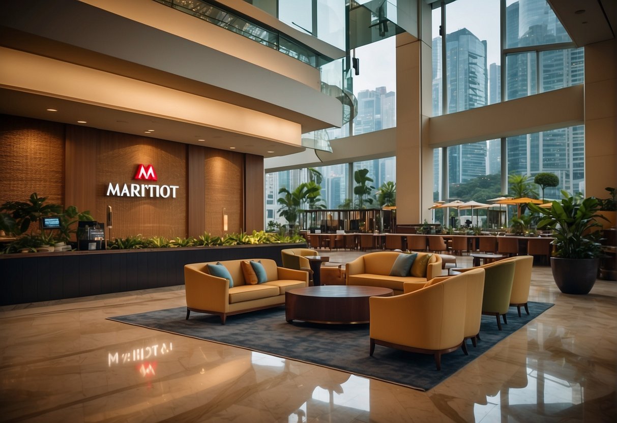 A bright and modern hotel lobby with a large, prominent sign advertising Marriott Rewards promotions in Singapore. Tables and chairs are arranged for guests to sit and inquire about the offers