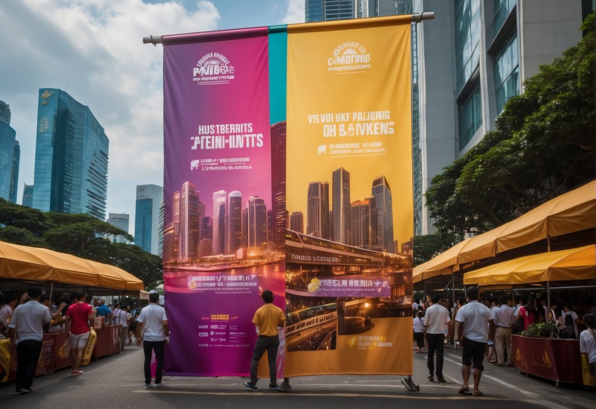 A colorful banner hangs above a bustling city street, advertising upcoming events and experiences offered by DFS Promotions Singapore. The scene is filled with energy and excitement