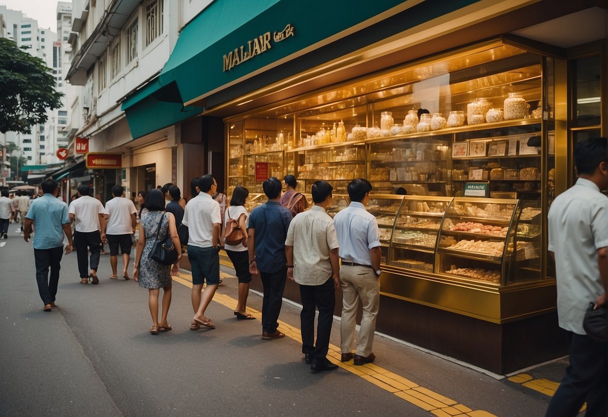 A bustling Singapore street with a prominent "Malabar Gold" storefront, surrounded by curious passersby and vibrant promotional displays