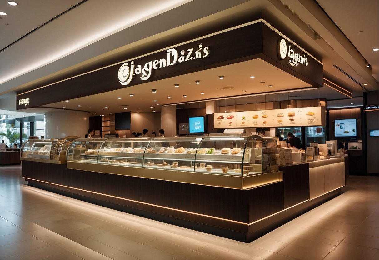 A bustling Haagen Dazs store in Singapore with colorful promotional displays and a queue of customers