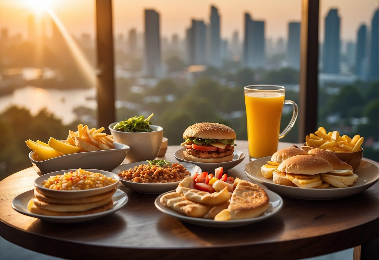 A colorful Singaporean breakfast spread with the 2024 McDonald's promotions displayed prominently. Sunrise light streams through the window, adding a warm glow to the scene