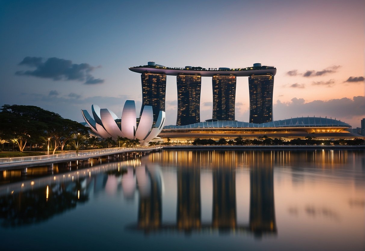 A vibrant city skyline with Marina Bay Sands hotel in the foreground, featuring promotional banners and lights, set against the backdrop of Singapore's iconic landmarks