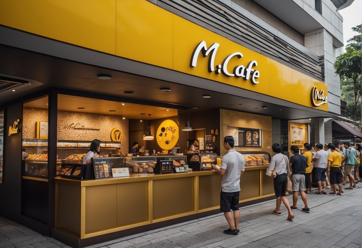 A vibrant McCafe storefront in Singapore with eye-catching promotional displays and a bustling crowd of customers