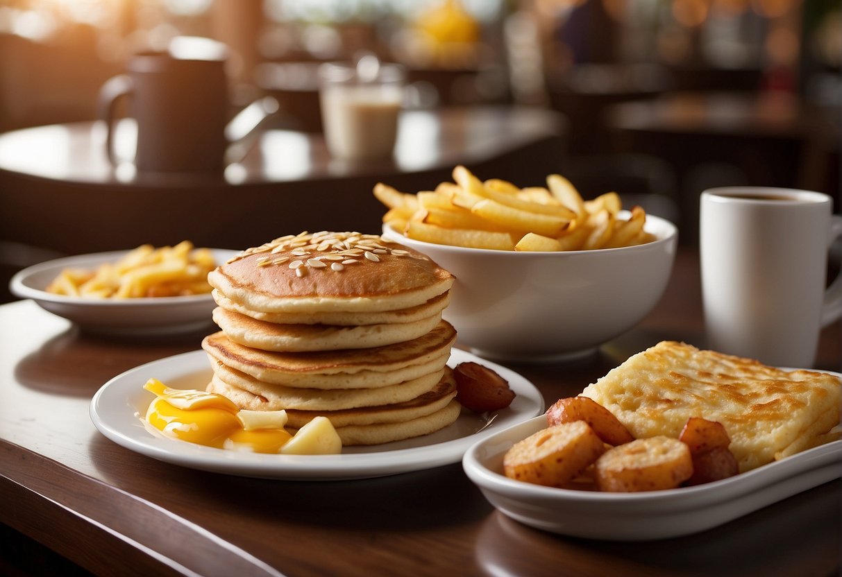 A table set with a variety of breakfast items from McDonald's, including hotcakes, hash browns, and coffee, with promotional banners and flyers displayed in the background