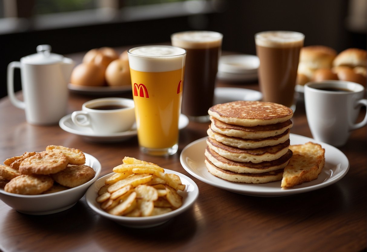 A table with a variety of breakfast items from McDonald's, such as hotcakes, hash browns, and coffee, displayed with promotional signs