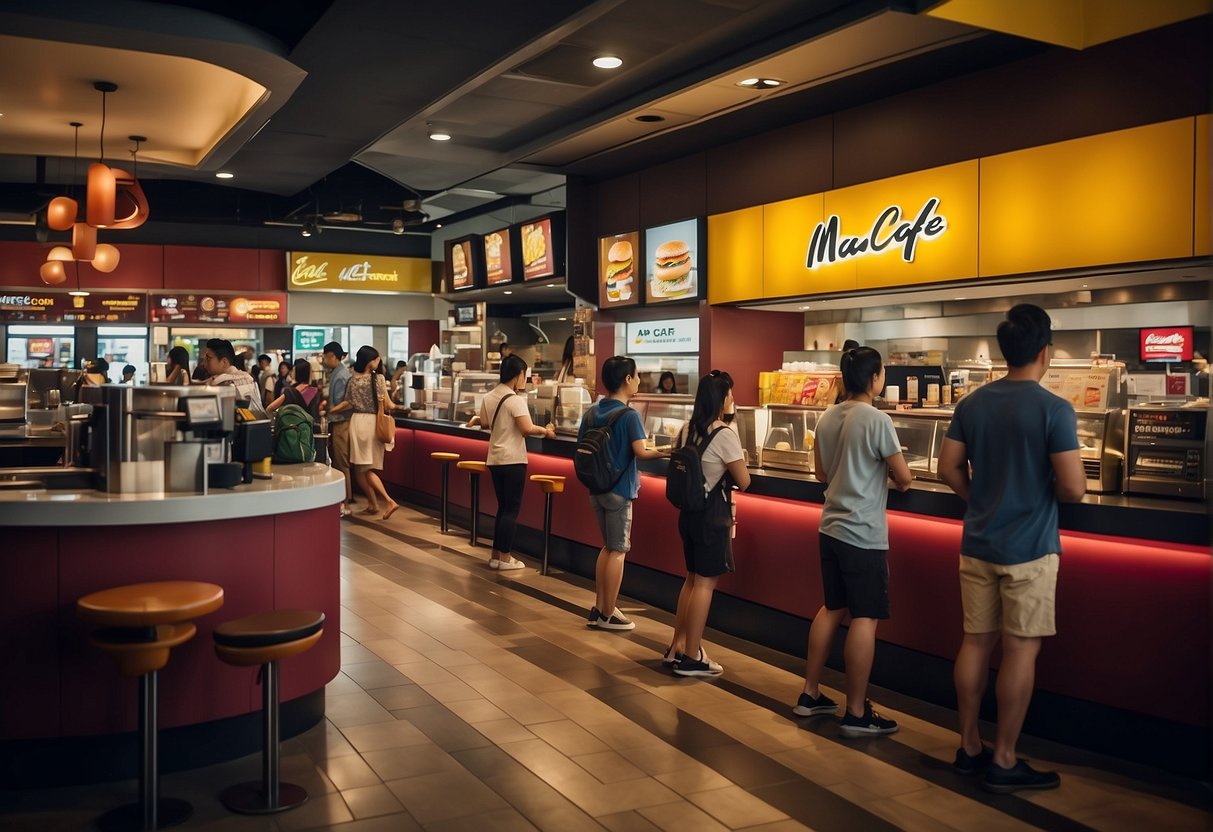 A bustling McDonald's McCafe in Singapore, with colorful promotional signs and a line of customers eagerly waiting to take advantage of the latest promotions