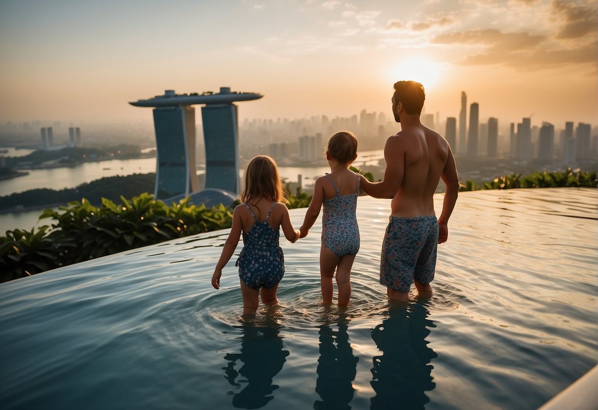 A couple and their children enjoy the stunning views from the infinity pool at Marina Bay Sands hotel in Singapore. The sun sets behind the city skyline as they relax and create unforgettable memories