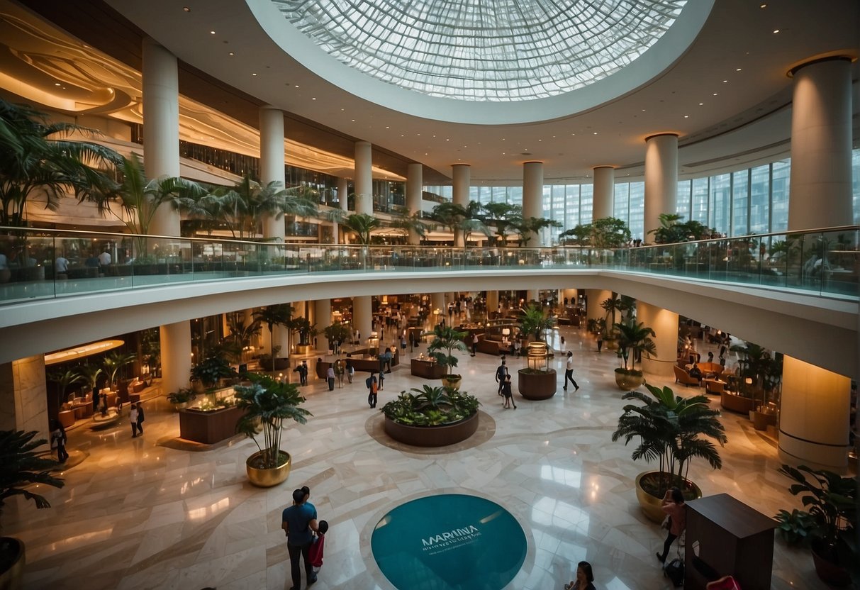 The bustling lobby of Marina Bay Sands Hotel in Singapore showcases promotional displays and a helpful FAQ section, with guests eagerly inquiring about current promotions
