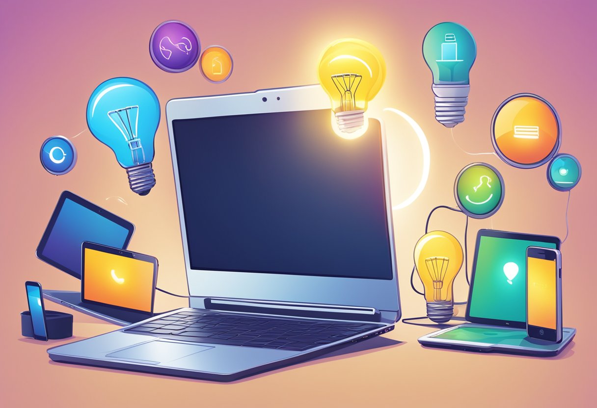 A bright lightbulb shining over a variety of digital devices, including a laptop, tablet, and smartphone, all displaying engaging promotional content for a smart channel