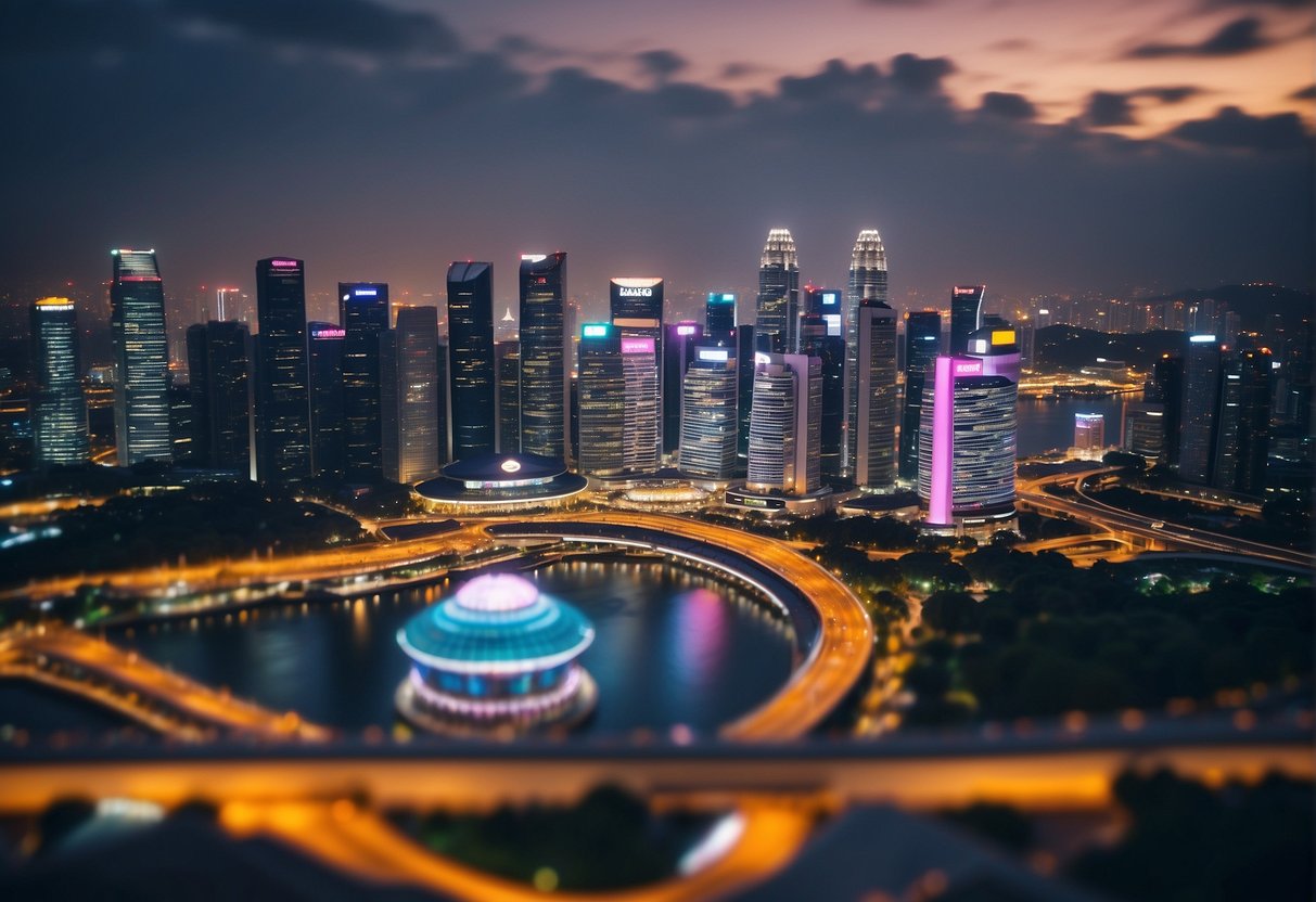 A vibrant cityscape with iconic Singapore landmarks, bustling streets, and colorful advertisements for Hecom promotions