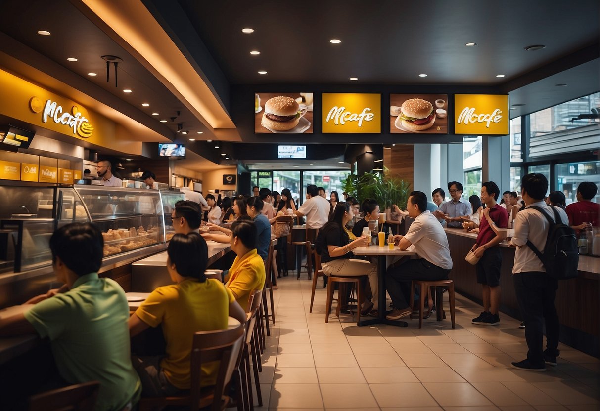 A bustling McCafe in Singapore with colorful promotional posters and a queue of customers