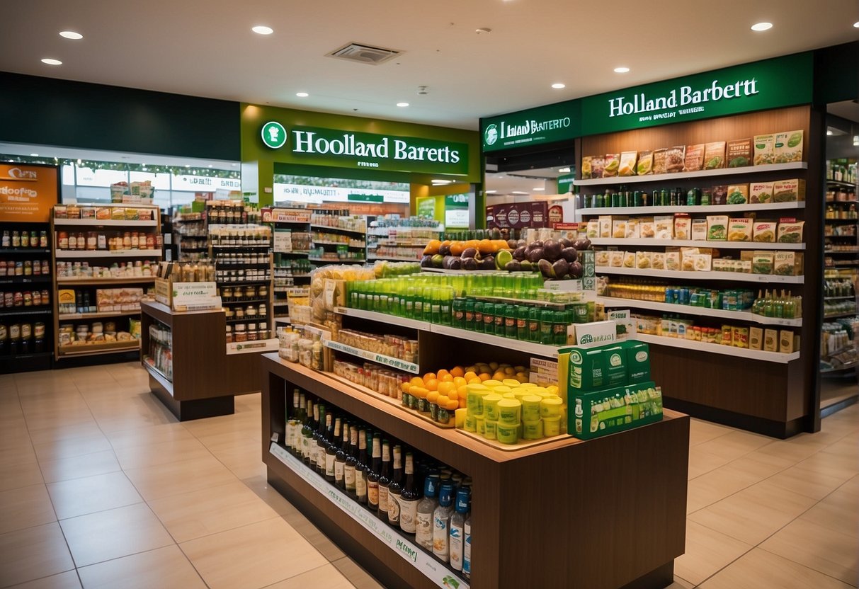 A vibrant display of Holland & Barrett promotions in Singapore, featuring various health and wellness products and signage