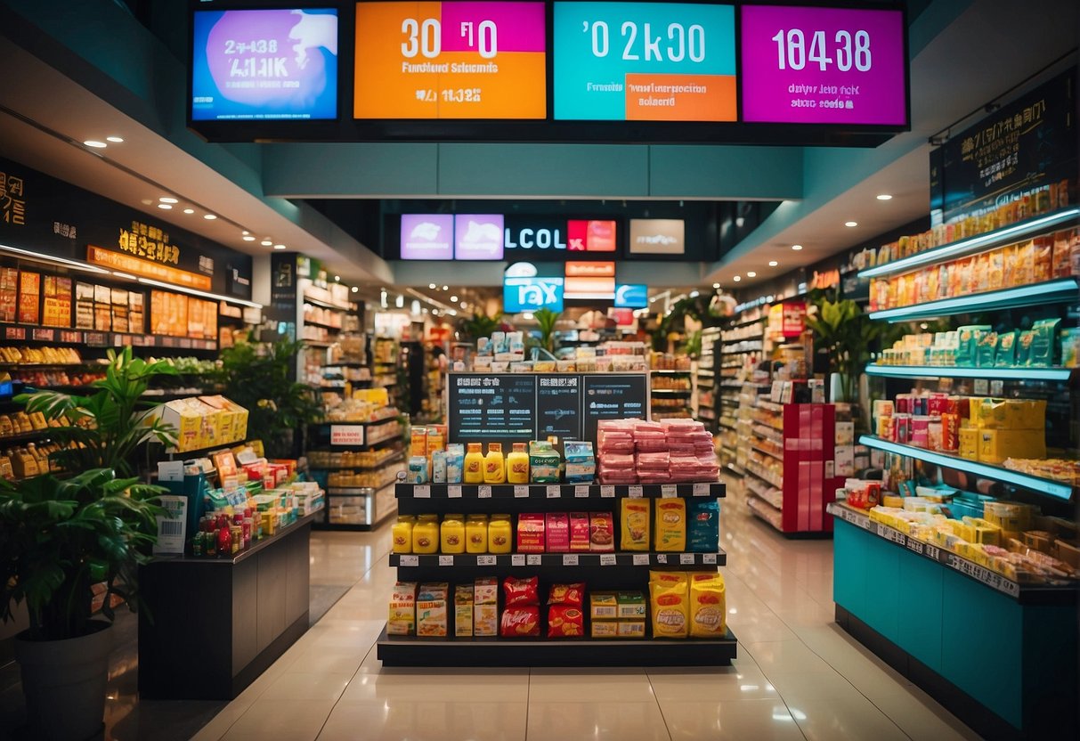 A colorful and vibrant display of various products with bold "Ongoing and Upcoming Sales" signage at a bustling retail store in Singapore