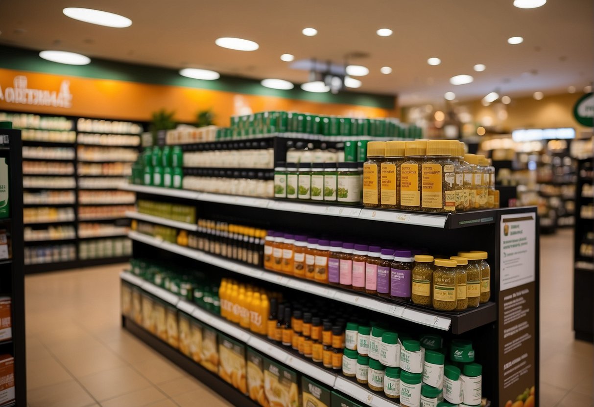 A colorful display of health supplements with promotional signs at Holland & Barrett store in Singapore