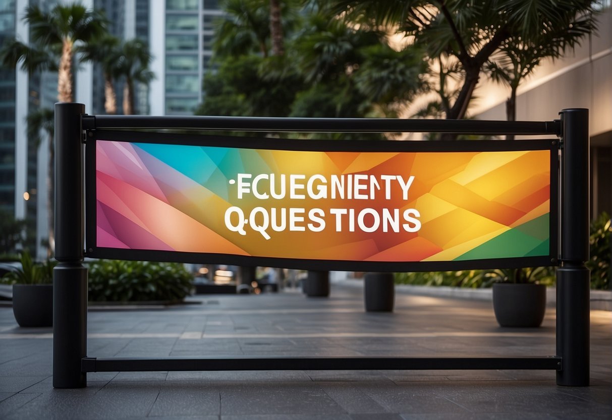 A colorful banner with "Frequently Asked Questions" and "hecom promotions singapore" displayed prominently