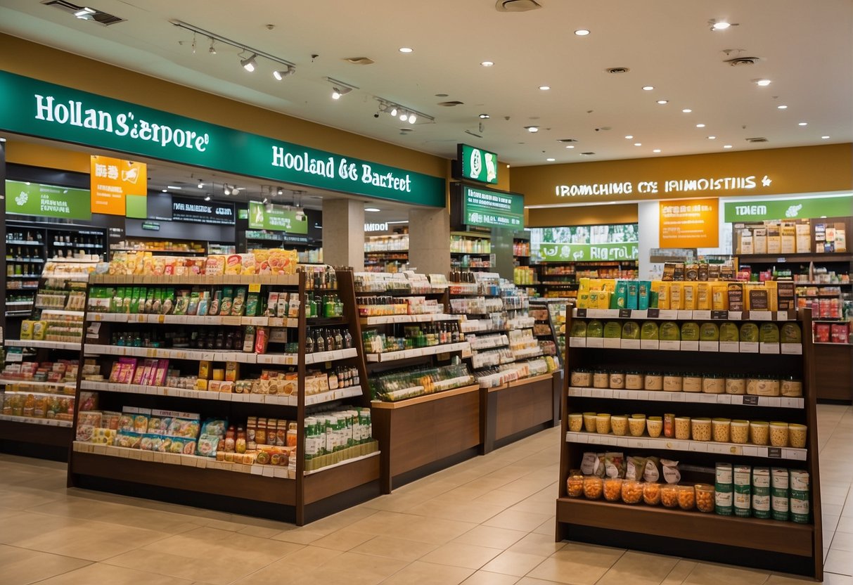 A bright and inviting store display with Holland & Barrett promotions in Singapore. Various products are neatly arranged with eye-catching signage