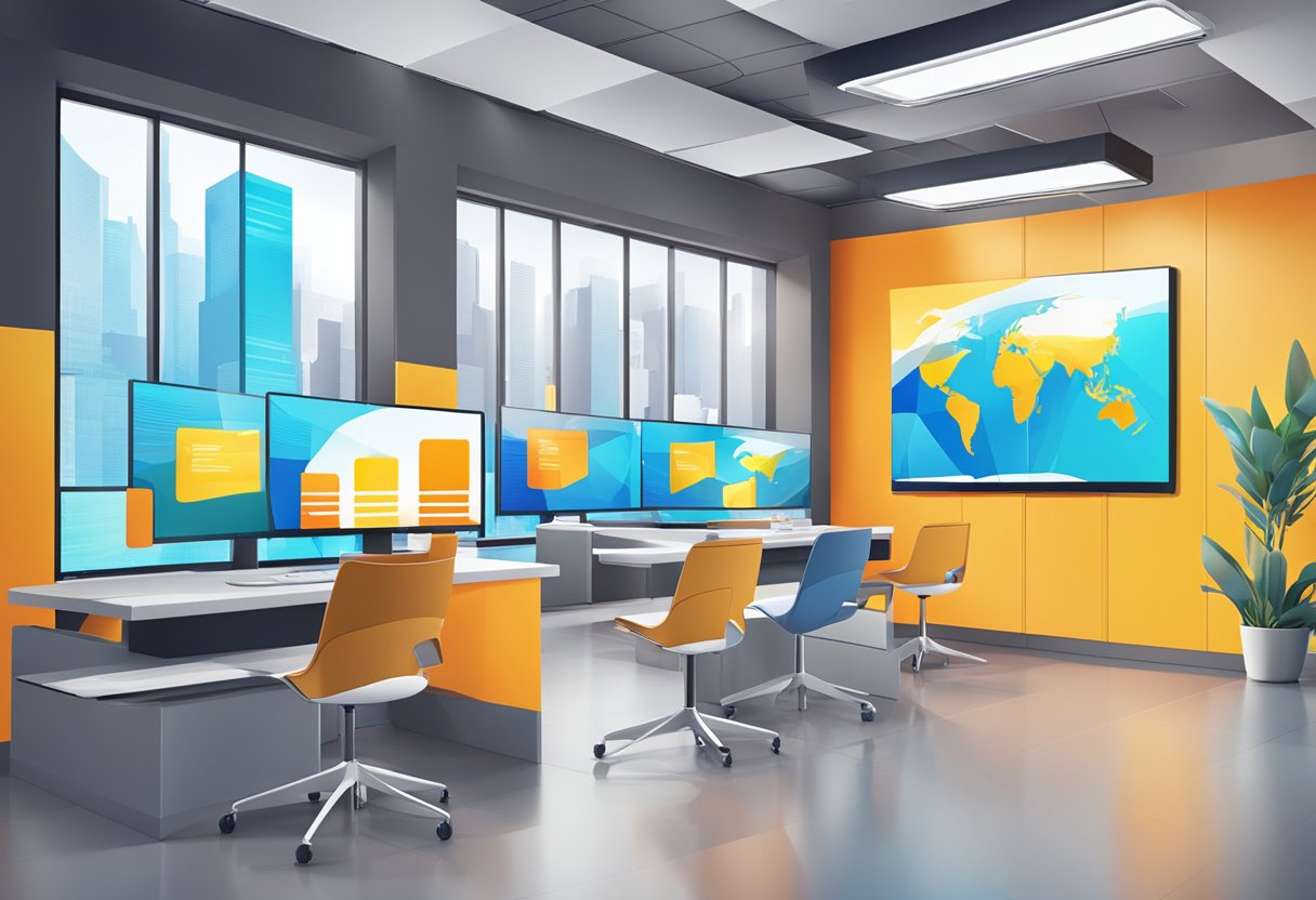 A vibrant, modern office setting with digital screens displaying smart channel promotion ideas. Bright colors and dynamic layouts create an engaging atmosphere