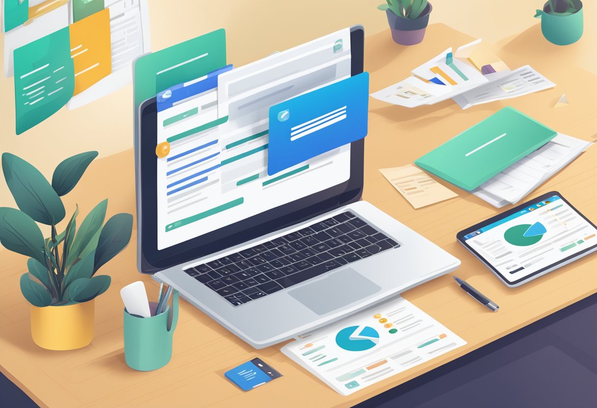 A laptop displaying two different email designs and a blog post with engagement metrics on a desk