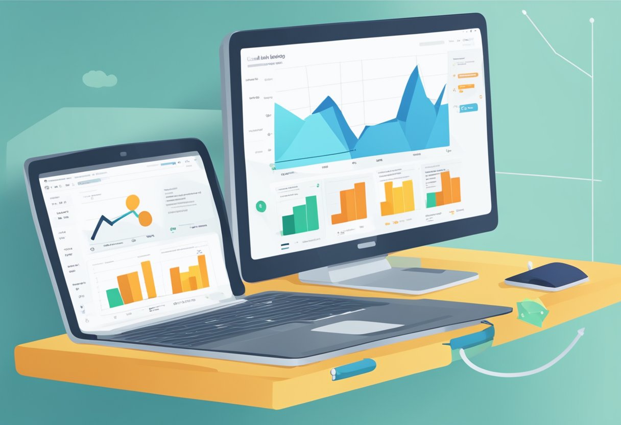 A laptop displaying two versions of an email or blog post. One side shows higher engagement metrics than the other. A graph or chart illustrates the data