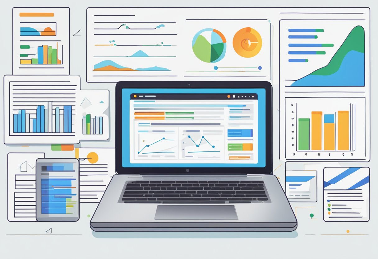 A laptop displaying A/B test results with charts and graphs, surrounded by email and blog post drafts