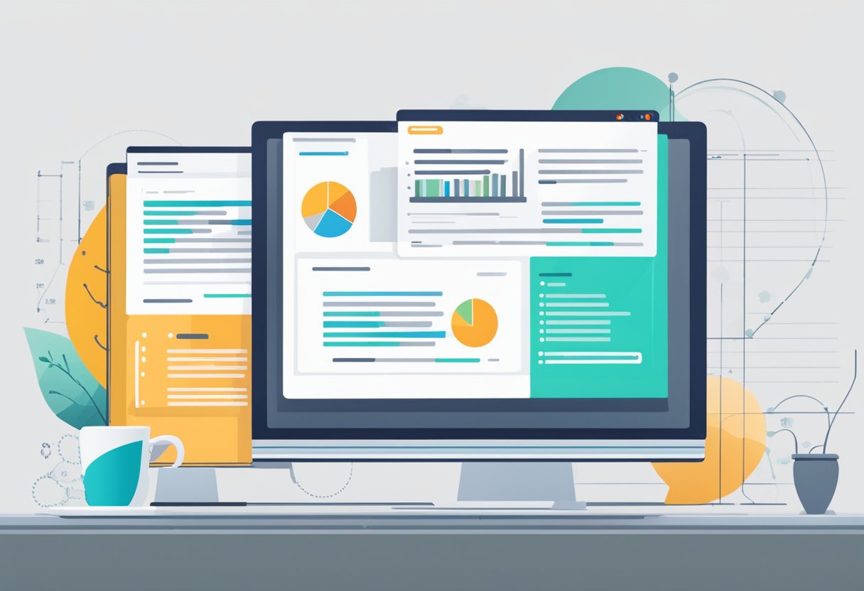 A computer screen displays two versions of an email and blog post. One version shows higher engagement metrics than the other. A graph in the background illustrates the impact of A/B testing on improving content performance