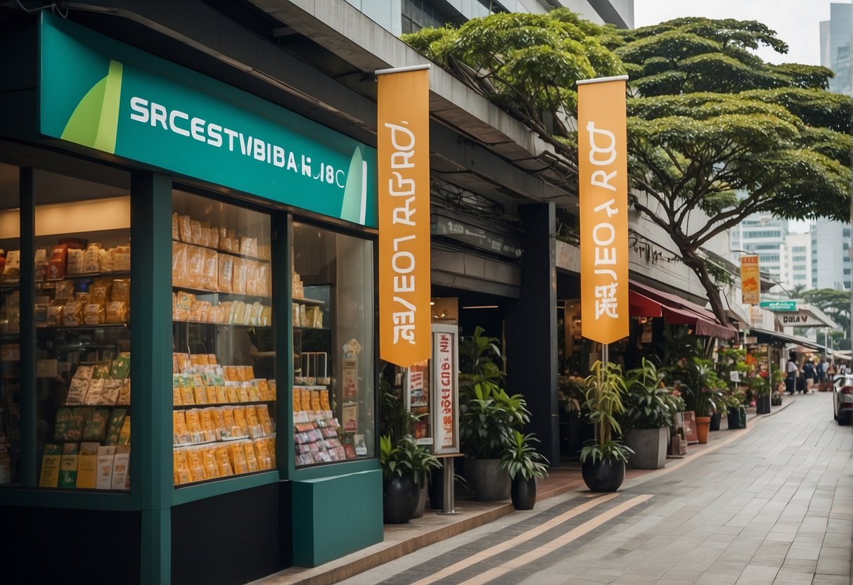 A bustling street in Singapore with colorful banners and signs promoting Acer products