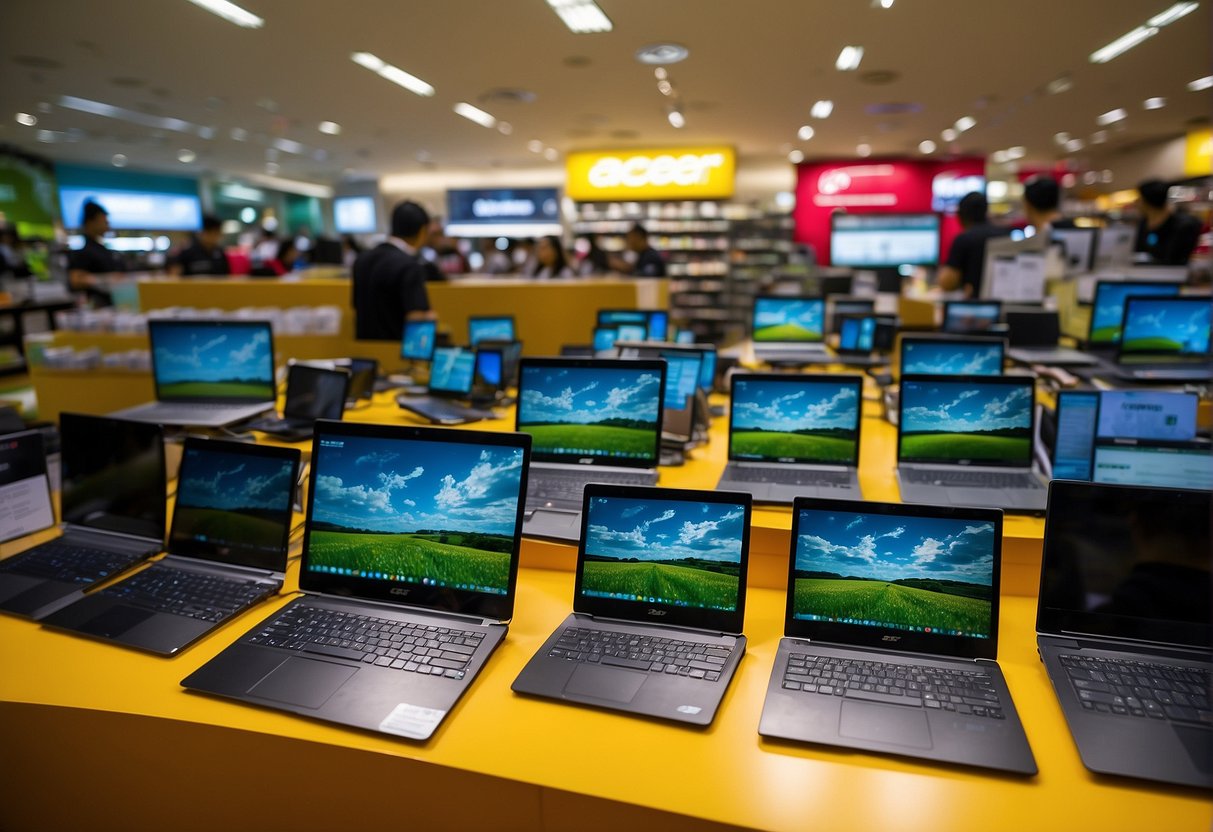 A vibrant display of Acer laptops and tablets with eye-catching promotional banners in a bustling Singapore electronics store