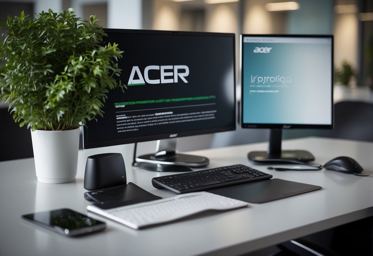 A bright and modern office setting with a computer screen displaying the "Frequently Asked Questions acer promotions singapore" webpage