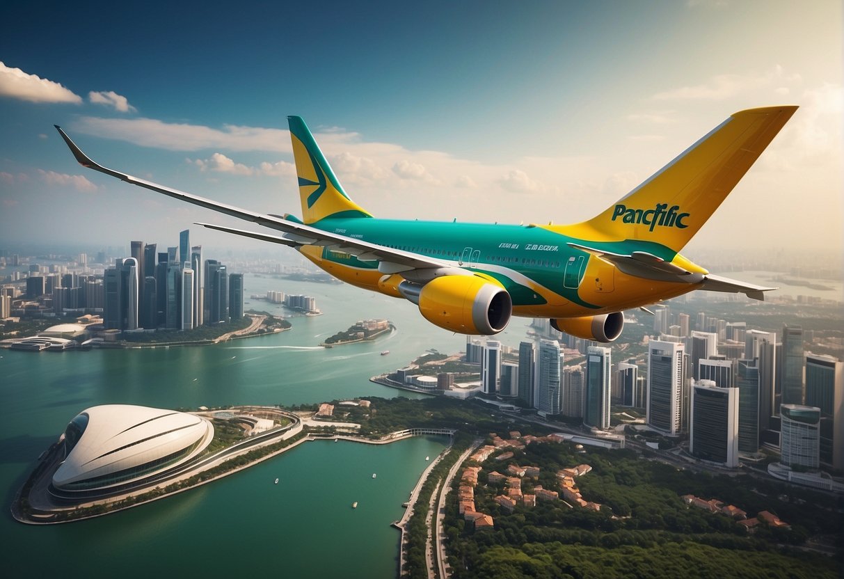 A Cebu Pacific airplane flying over the iconic skyline of Singapore, with the city's famous landmarks in the background