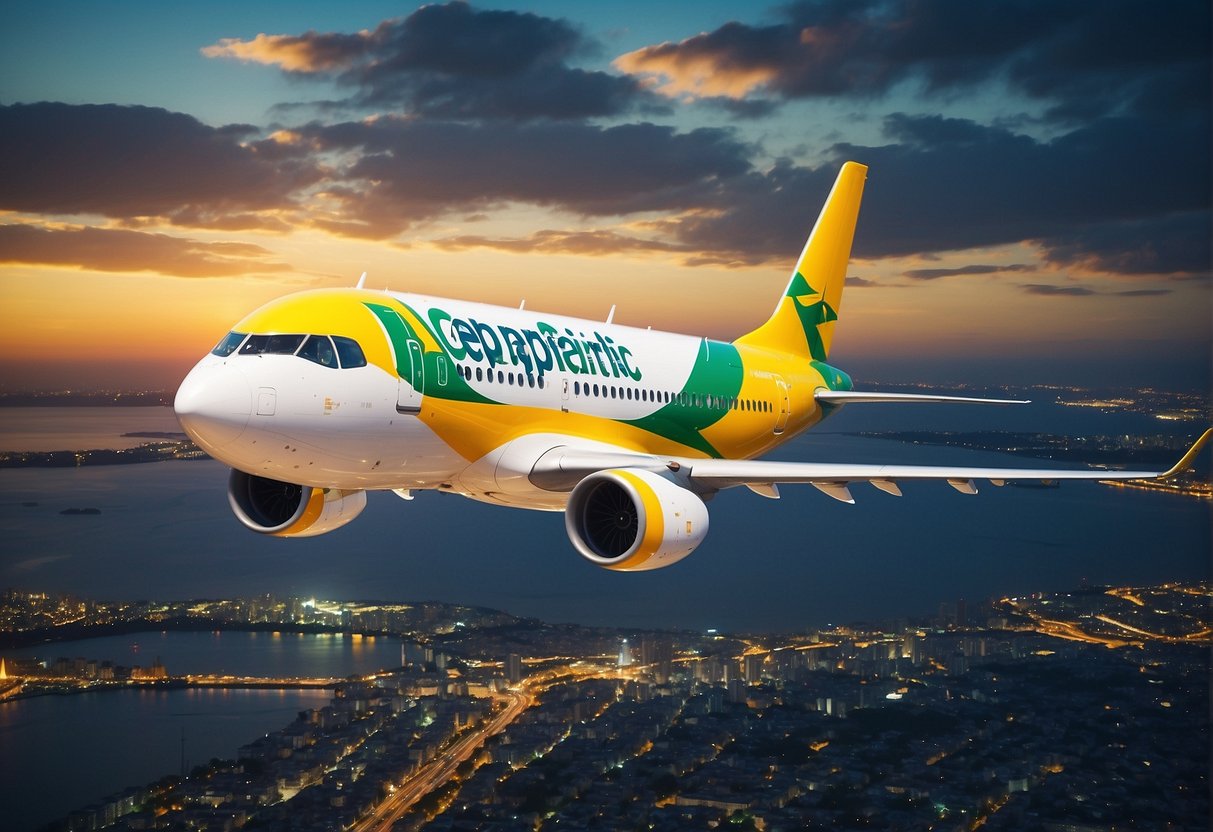 A vibrant airplane flying over a city skyline with the Cebu Pacific logo prominently displayed