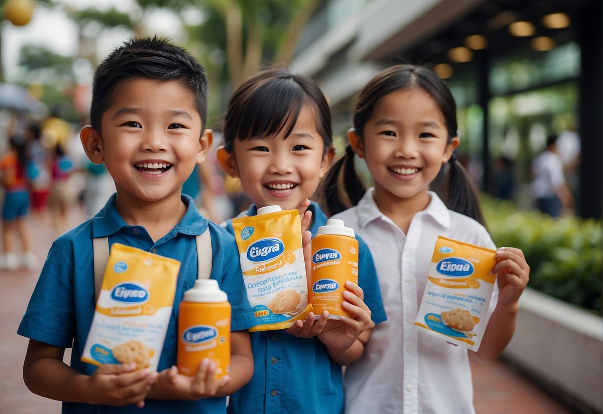 A group of happy children in Singapore excitedly holding Enfagrow products with promotional signs and banners displayed around them