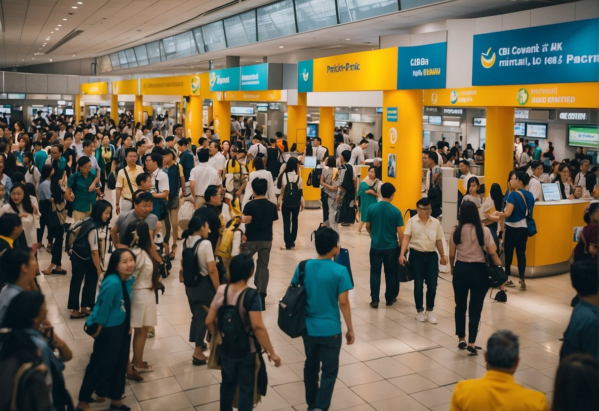 A crowded airport terminal with people lining up at a Cebu Pacific promotions booth in Singapore. Signs and banners promoting the airline's deals are prominently displayed