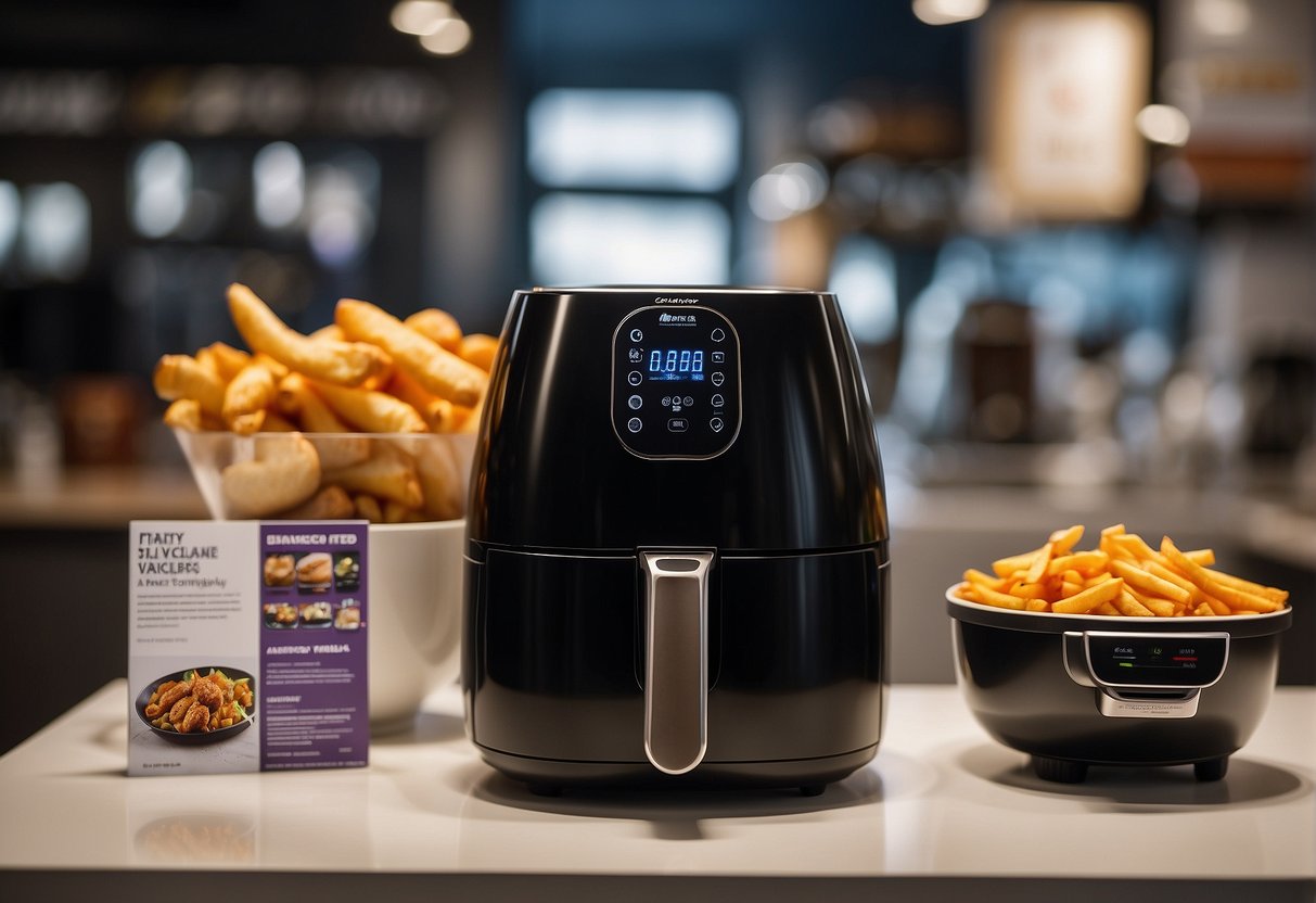 An air fryer sits on a kitchen countertop surrounded by promotional signs and banners in a Singaporean store