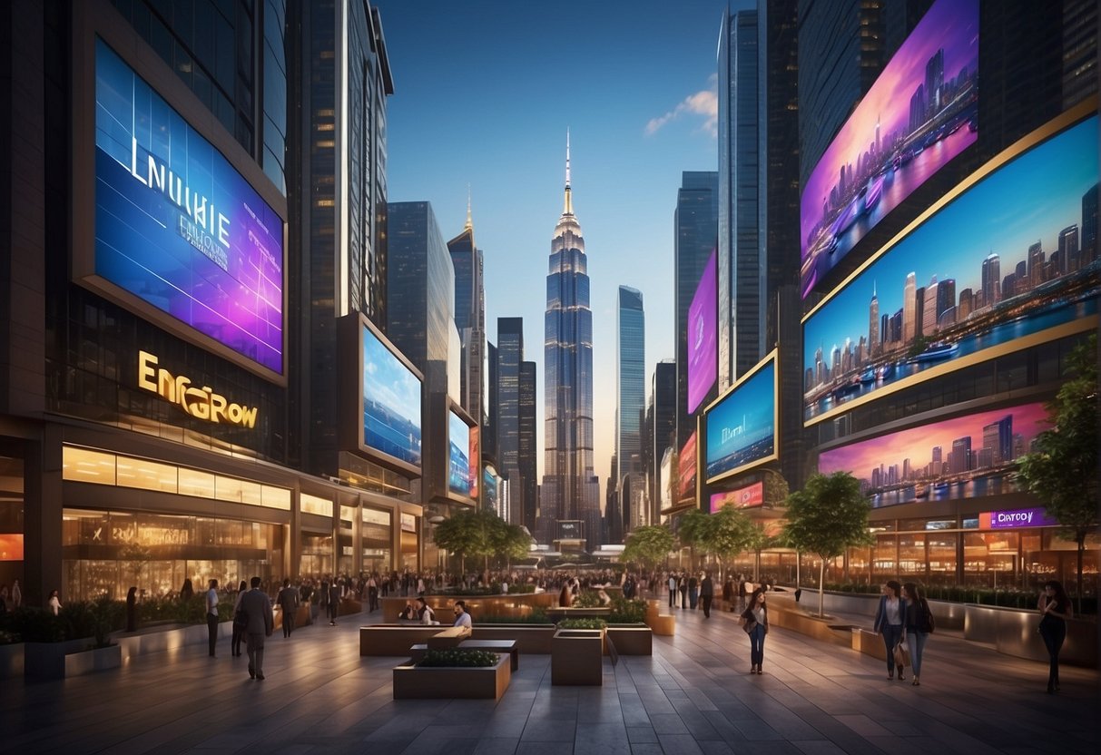 A vibrant cityscape with towering skyscrapers and bustling streets, adorned with colorful promotional banners and digital screens showcasing Enfagrow products