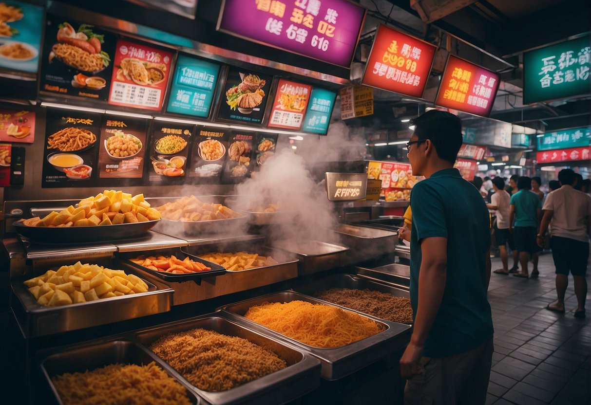 A colorful display of air fryers with discount signs, surrounded by excited shoppers in a bustling Singapore market