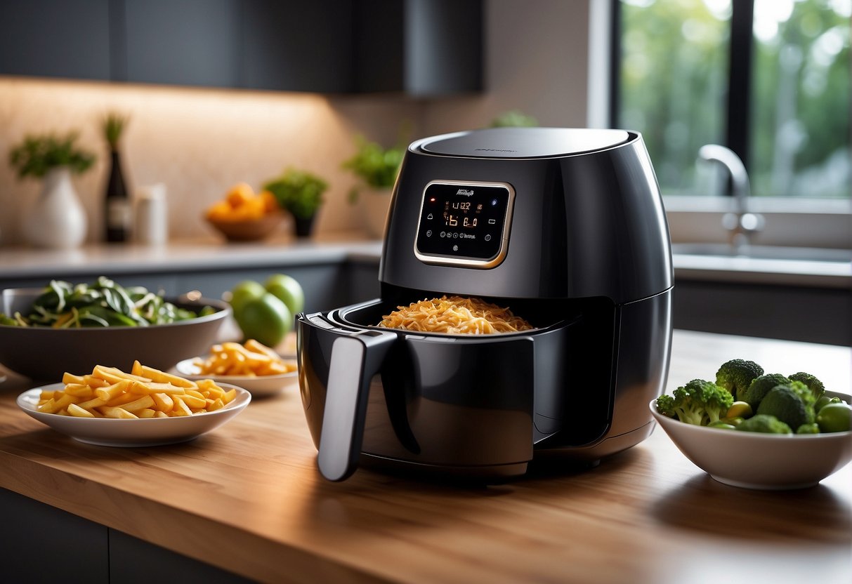 A sleek air fryer sits on a modern kitchen countertop, surrounded by a variety of fresh ingredients and a digital display showcasing its latest features