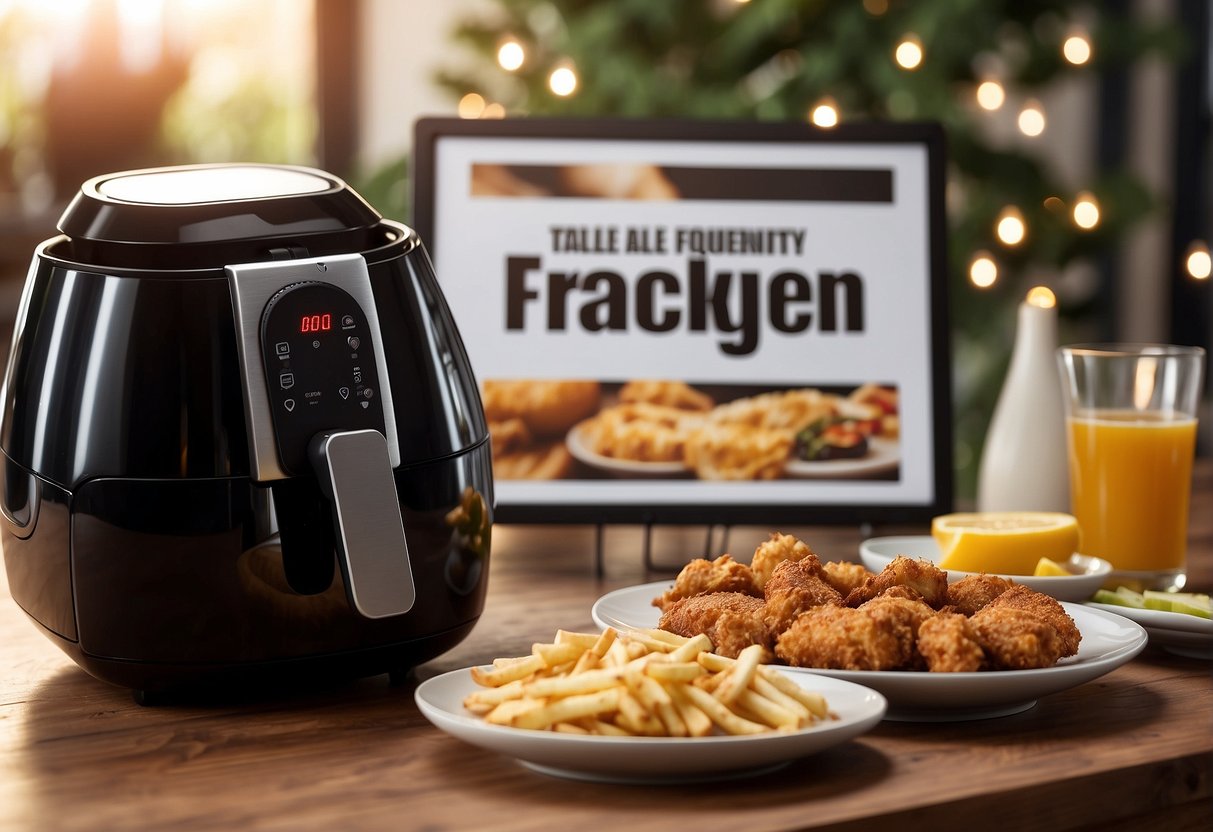A table with an air fryer surrounded by promotional materials and a banner with "Frequently Asked Questions" in bold letters