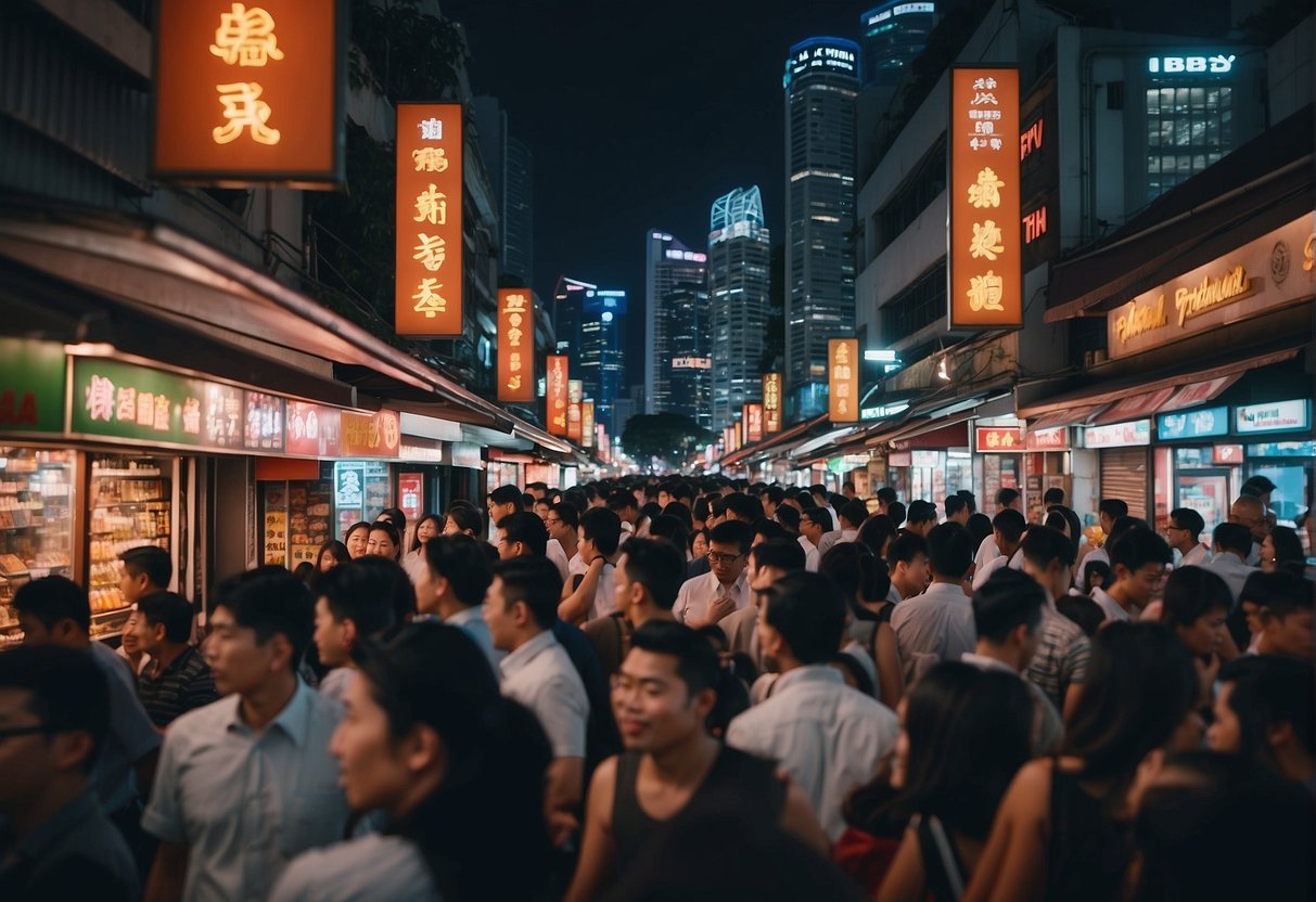 A bustling Singapore street with neon signs advertising alcohol promotions, crowded bars, and lively nightlife