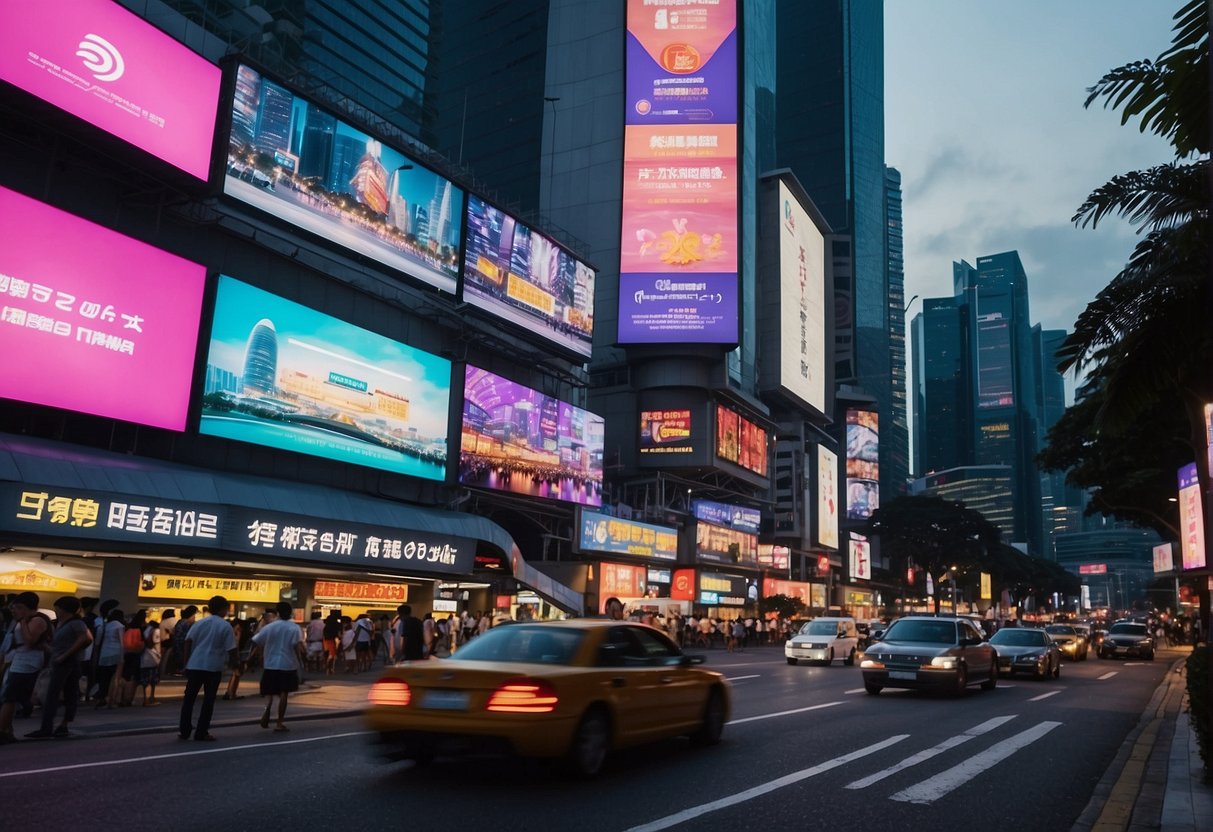 Bright cityscape with neon signs and digital billboards promoting products. Busy streets with people and cars, showcasing the modern and tech-savvy atmosphere of Singapore